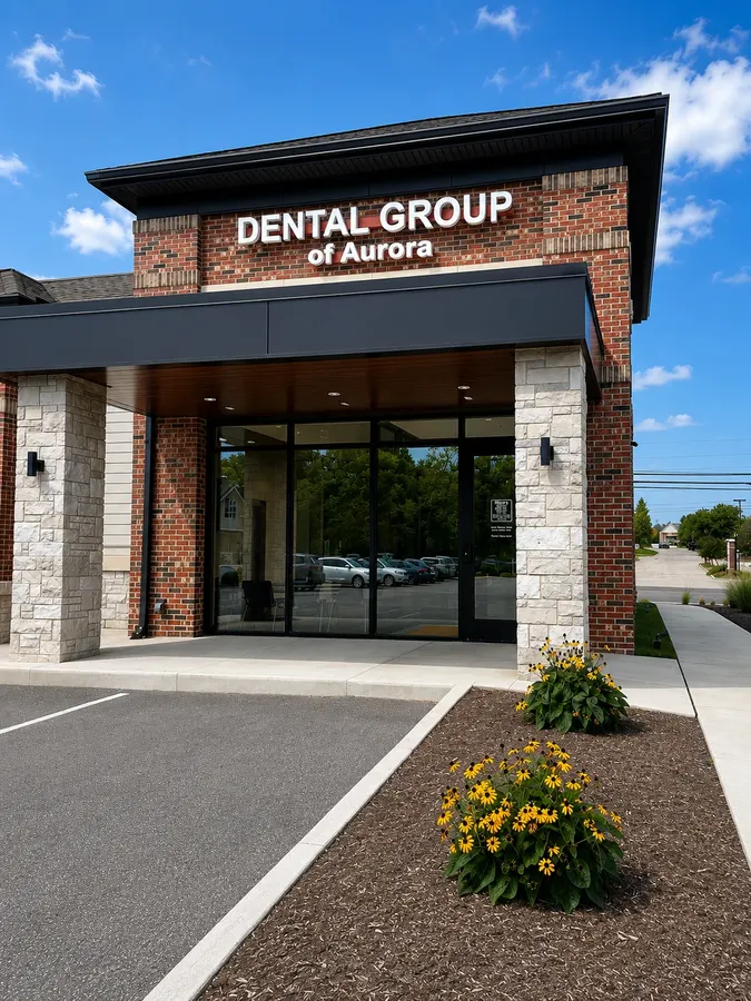 The Dental Group of Aurora building with its brick and stone entrance